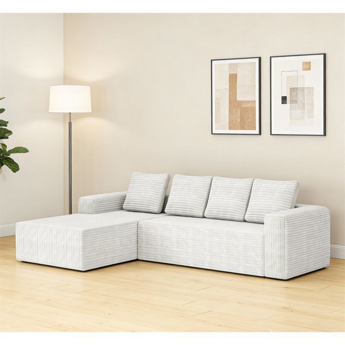 DRIPEX Canapé modulable Cloud avec méridienne en L,Canapé en tissu velours côtelé moelleux avec 4 coussins,Blanc,261×168×58cm
