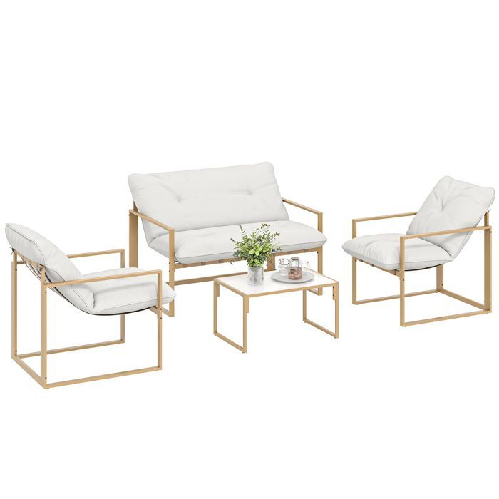 Outdoor garden furniture set - Outsunny - 4 pieces, extra-thick 15cm cushions - 2-seater sofa with coffee table and 2 armchairs - khaki