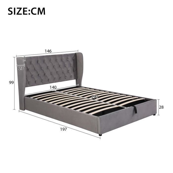 Cama de adulto de 140x190 cm - base de láminas con espacio de almacenamiento - tela de terciopelo gris - cabecero con alas