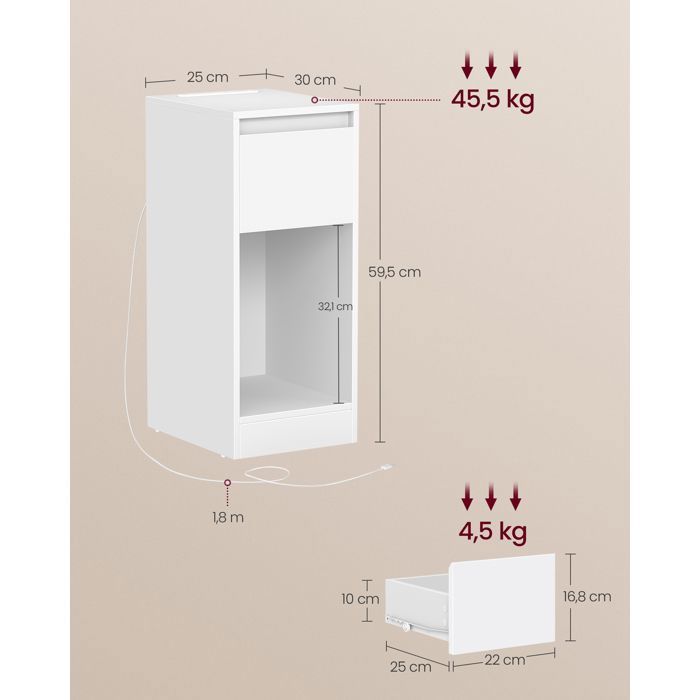 Lot de 2, Table de Chevet Étroite, avec Éclairage LED, 1 Port USB-A, 1 Port USB-C, Tiroirs et Compartiments Ouverts, Blanc Nuage