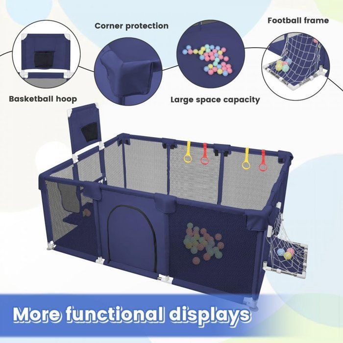 Parque infantil XUANYU, parque infantil modular plegable XXL con barreras/redes/pelota de playa/4 asas - Azul
