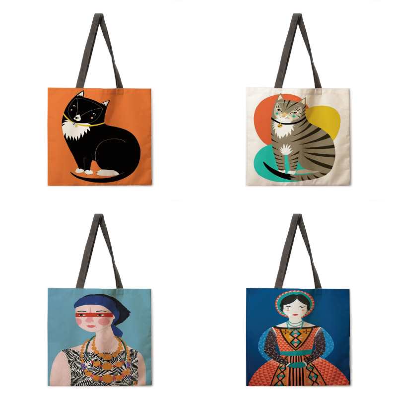 Borsa tote in lino con illustrazioni di cartoni animati di ragazze e gatti, borsa casual pieghevole e riutilizzabile per la spesa, borsa da spiaggia, borsa a mano
