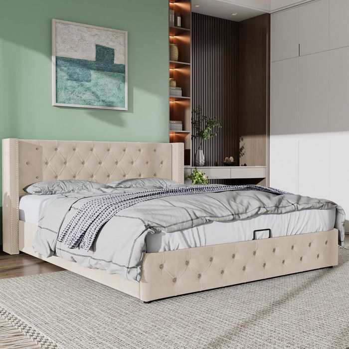 Bett mit Stauraum – TKOPY – Doppelbett für Erwachsene 140 x 200 cm, Polsterbett mit Lattenrost und Stauraum, beiger Samt