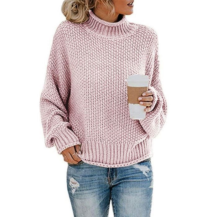 Pull Femme Col Roulé Tricoté Automne Hiver Chaud Hauts Lâche Manches Longues Couleur Unie - Rose