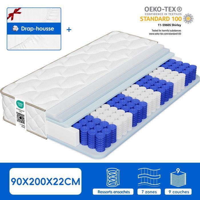 Colchón de 90x200 cm, colchón de muelles ensacados de 25 cm de grosor, diseño ergonómico de 7 zonas, colchón antialérgico con funda lavable.