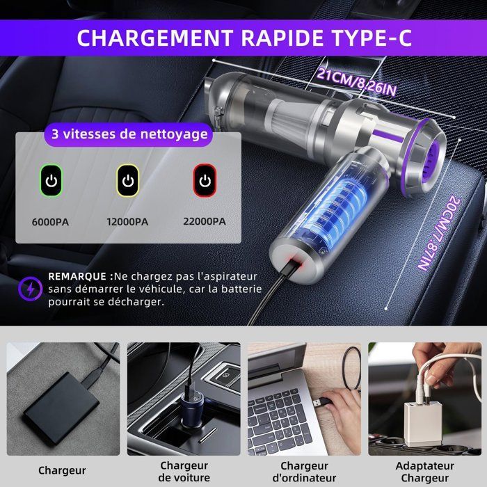Aspirapolvere portatile, 22000 Pa, potente aspirapolvere senza fili 4 in 1 per auto, 3 velocità per casa, auto, ufficio, divano e peli di animali domestici