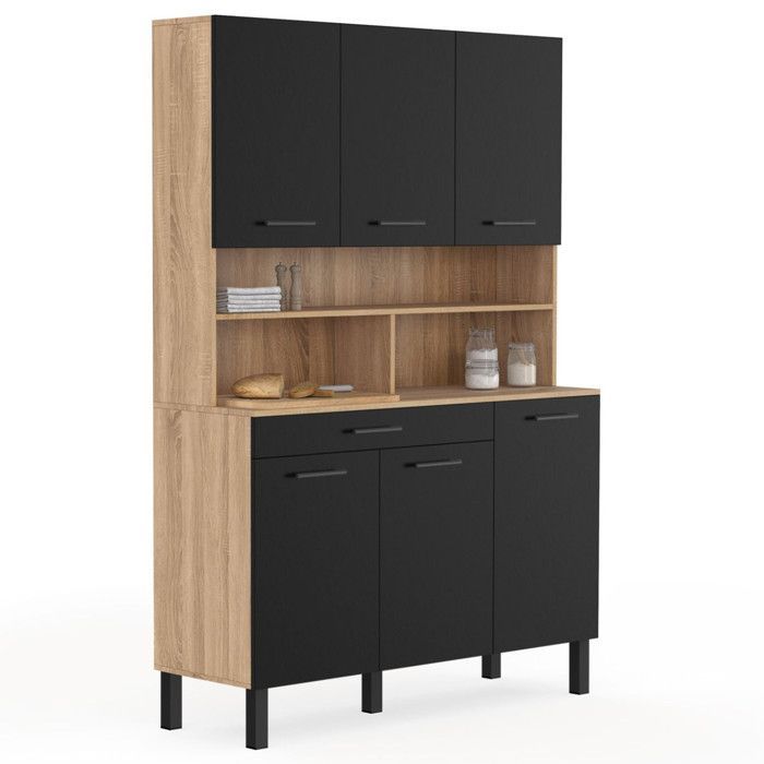 Aparador de cozinha IDMARKET CINA de 120 cm com 6 portas + gaveta, acabamento em faia e preto.