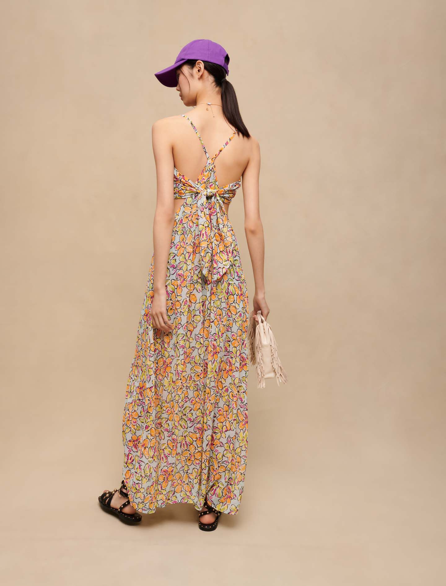 Rochie lungă cu imprimeu floral și crăpături - Hibiscus portocaliu / albastru