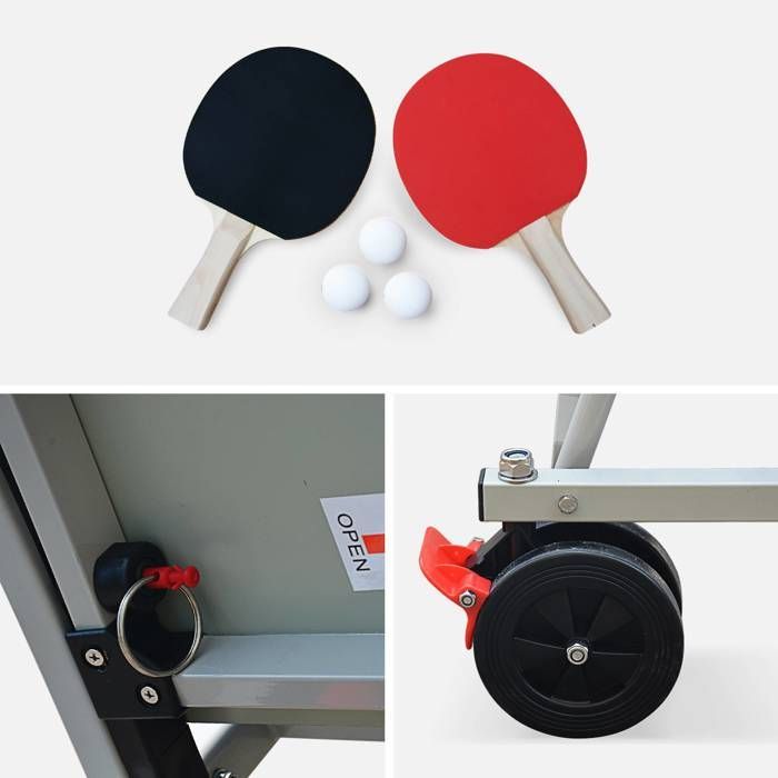 Tavolo da ping pong blu da esterno con 2 racchette e 3 palline