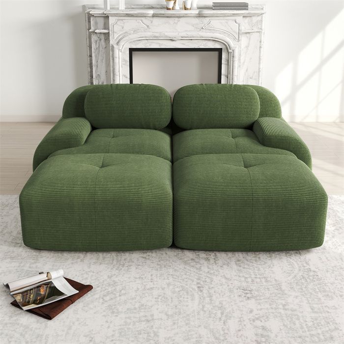 DRIPEX Canapé modulable en velours côtelé - 2 places - avec 2 oreillers et 2 poufs - dessous antidérapant - 208x178x70cm - Vert
