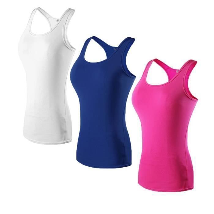 Pack de 3 camisetas de tirantes deportivas de compresión para mujer, de secado rápido, para correr y hacer ejercicio - Blanco/Azul/Rosa