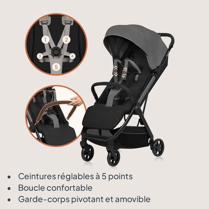 Poussette ultra-compacte LIONELO Julie Air - Pliage automatique - Compatible avion - Jusqu'à 22kg - Canopy UPF 50 - Gris