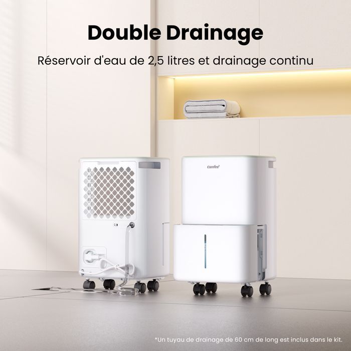 Desumidificador portátil COMFEE 10L/dia, reservatório removível de 2,5L, drenagem contínua, 3 modos à escolha, temporizador de 24 horas - 16 a 31㎡