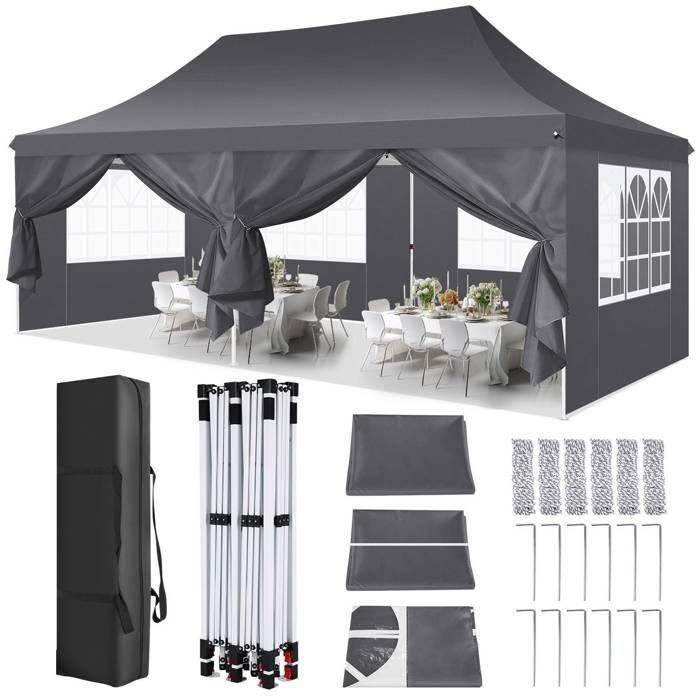 Cenador plegable de 3x6 m, carpa de jardín impermeable para exteriores, carpa para fiestas con 6 paneles laterales, protección UV 50+ - Gris