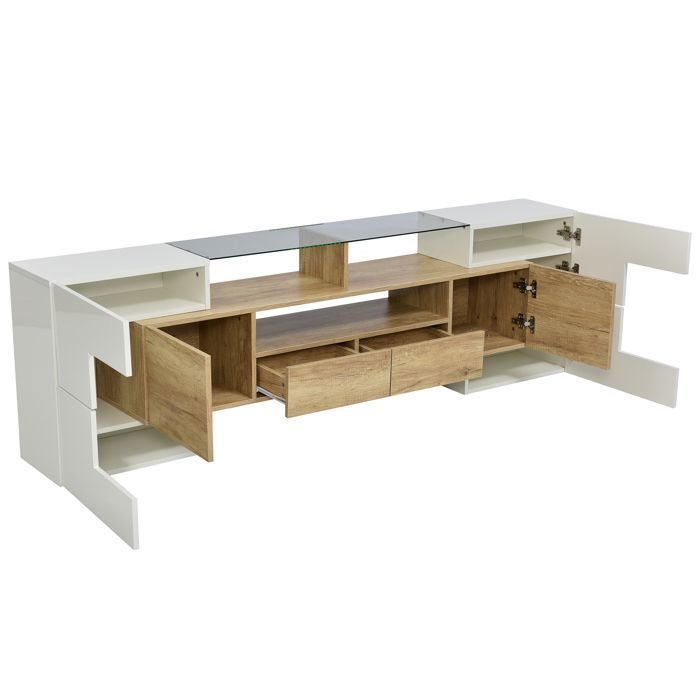 Mobile porta TV da 200 cm, bianco lucido con finitura effetto legno, illuminazione a LED multicolore, 6 ante, 2 cassetti, 3 ripiani, superficie effetto vetro, design moderno.