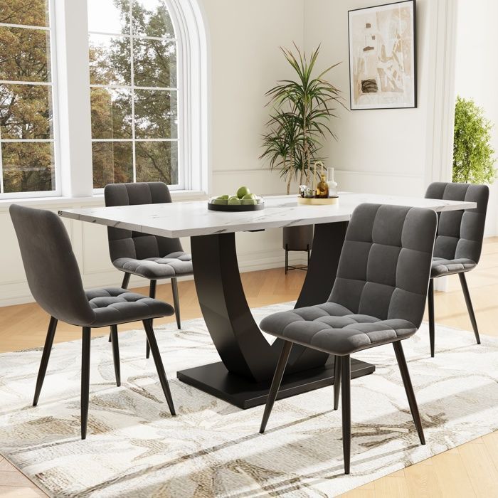 Tavolo da pranzo - TRUXEN8 - 140x75 cm - Effetto marmo - Gambe regolabili - Bianco/Nero