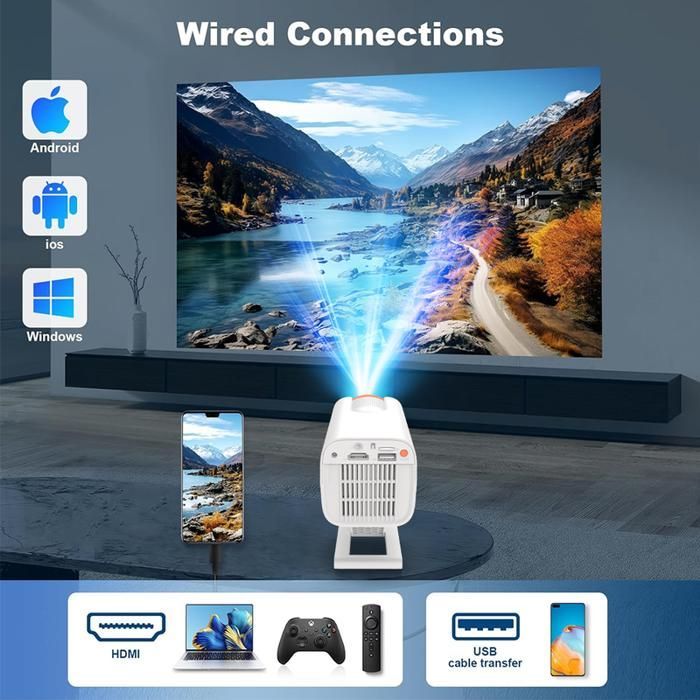Isinbox Vidéoprojecteur Portable Mini 4K avec WiFi et Bluetooth écran 130''Ntelligent Home Cinema pour Téléphone PC HDMI USB-Blanc