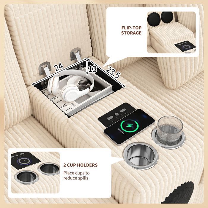 Sofá modular com painel de controle multifuncional; sofá em formato de U com carregador sem fio/porta USB-C e porta-copos; bege