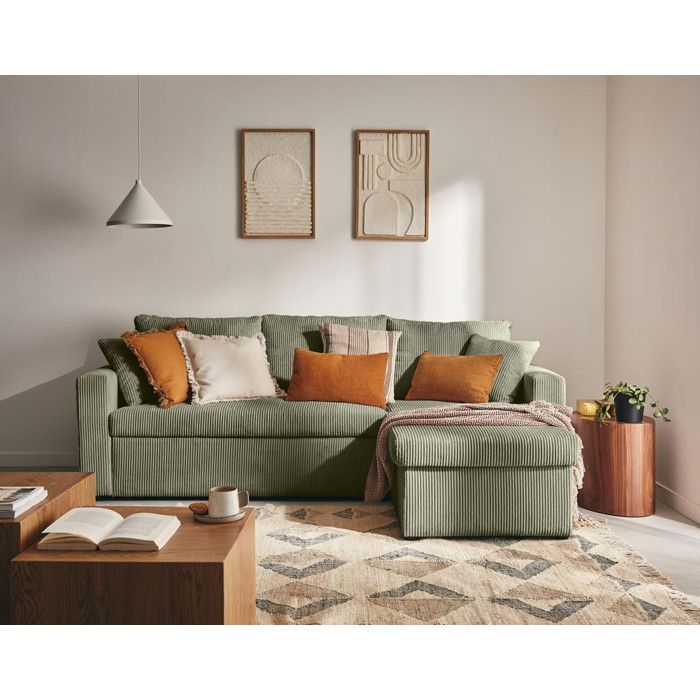 Cyrus - Sofá cama esquinero reversible de 4 plazas con almacenamiento - en pana - Verde