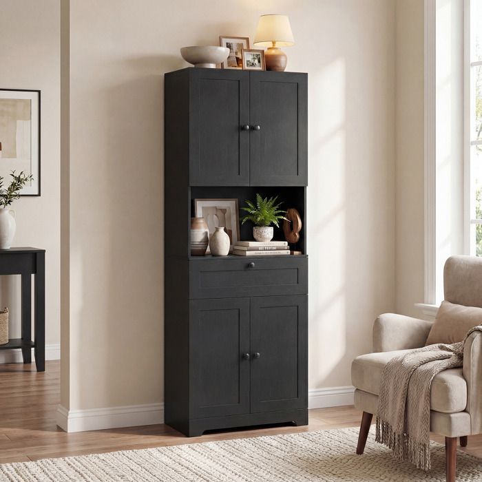 GIANTEX Armoire de Salle de Bain Haute, Étagères Réglables, Meuble Multi-Usage pour Cuisine, Salon, Buanderie, Noir