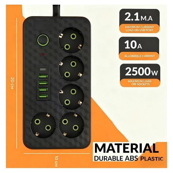 Regleta eléctrica de 6 tomas con 5 puertos USB, con protección contra sobretensiones e interruptor, cable de 3 m.