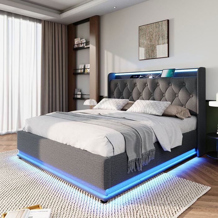 Lit coffre capitonné 180x200 cm en lin - avec Fonction de recharge USB Type-C et LED - Coffre de rangement - Sommier à lattes -