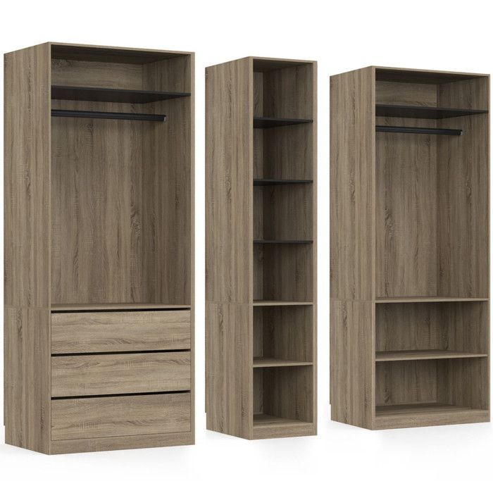 IDMARKET TAYLOR modular wardrobe 200 x 55 x 200 cm, 3 modules with hanging rails + shelves + drawers, beech and black