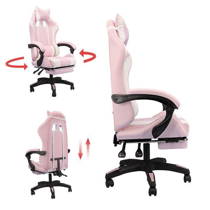 Silla gaming, silla de oficina ajustable, silla gaming con reposapiés telescópico (rosa y blanco)