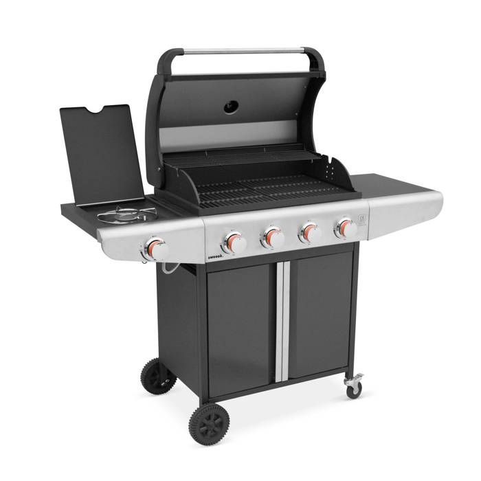 Gas barbecue - Bazin Grey anthracite - Outdoor kitchen with 5 burners including 1 side burner with shelves and thermometer.