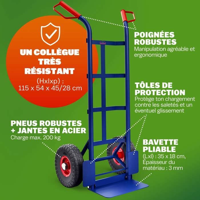 GARDEBRUK® Diable pliable chargement max. 200 kg pneumatiques chariot de transport diable déménagement chariot pliant manutention