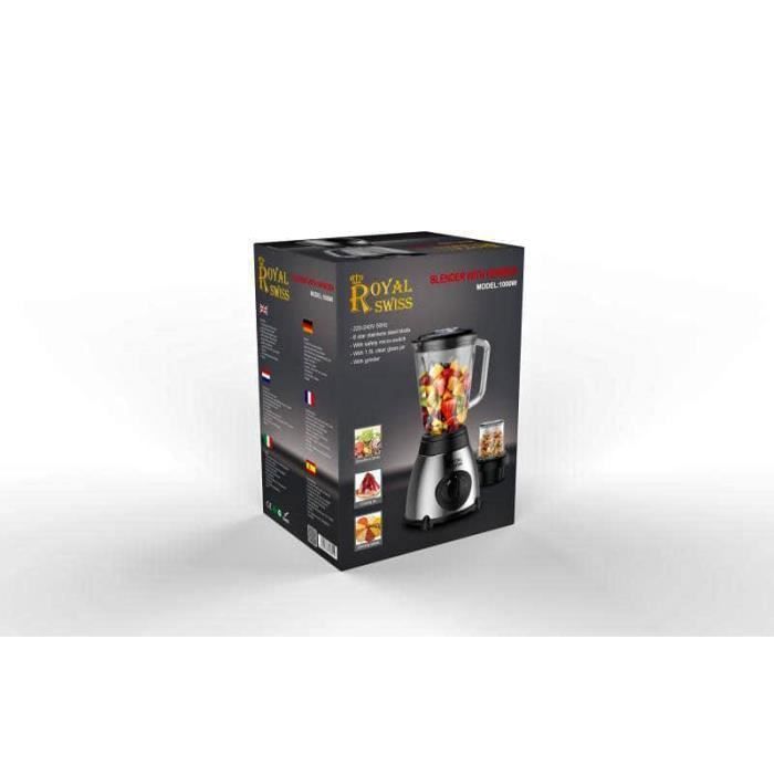 Blender - ROYAL SWISS - Glass and stainless steel blender - 1000 Watt - 1.5 Liters - 2 in 1