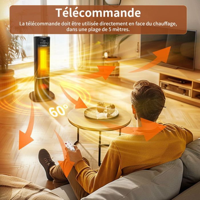 Chauffage d'appoint, 2000W, Céramique PTC, Minuterie 12h,Ultra Silencieux, Affichage LED, 5 Mode,ECO,Télécommande, Oscillation à 60°