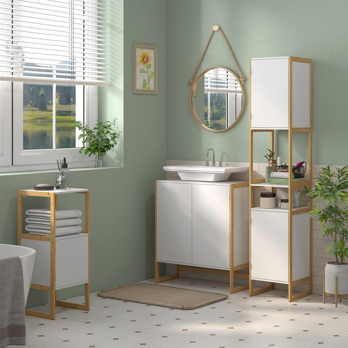 HOMCOM badkameropbergkolom met 2 nissen en 2 kastjes, verstelbare bamboe plank, 33B x 33D x 170H cm, wit