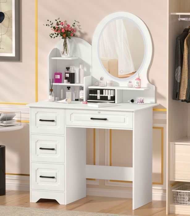 Coiffeuse avec miroir LED - Moderne - 4 tiroirs 6 compartiments  - 80x40x137cm - Blanc