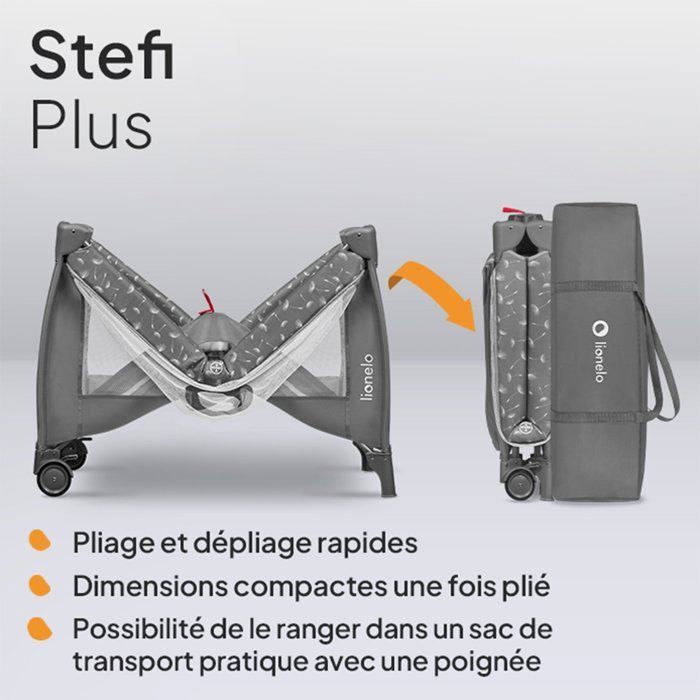 Cuna de viaje compacta 2 en 1 LIONELO Stefi Plus - Parque infantil - Colchón de alta densidad - 0-36 meses - 2 ruedas - Gris