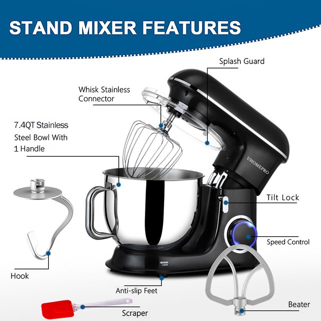 uhomepro 7,5 QT standmixer til køkken, 6+0+P-hastigheder med vippehoved, 660W dejmixer, elektrisk kagemixer til hjemmet og kommerciel blanding med dejkrog, piskeris, æggepiskeris, spatel, tåler opvaskemaskine