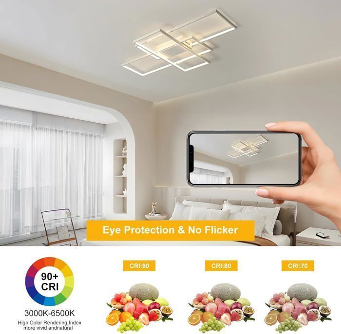 Ganeed Deckenleuchte, dimmbar, moderne LED-Deckenleuchte, 50 W, 3-lagig, quadratisch, Acryl (weiß), Aluminium, (90 x 50 x 8 cm), 3000–6000 K