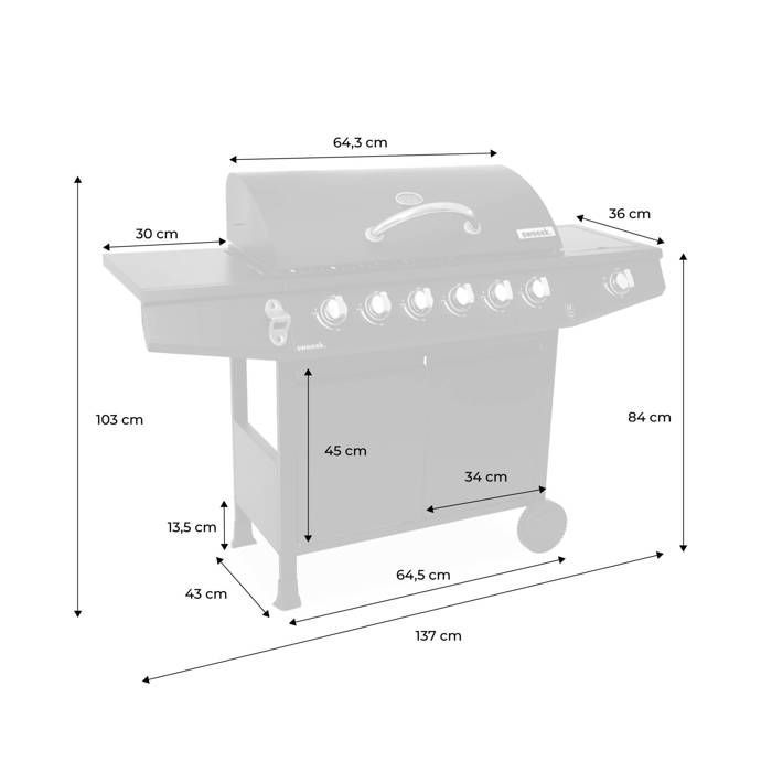 6-burner gas barbecue + 1 side burner with wheels, side shelves, thermometer and cover TREVILLE 6 WITH COVER