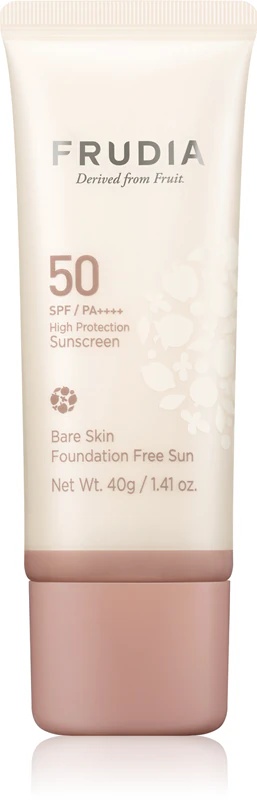 „Frudia Sun Bare Skin Foundation“ mineralinis apsauginis fluidas veidui, suvienodinantis odos atspalvį.