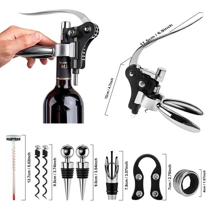 C Corkscrew - CULINOREA - 27x22x7.5 cm - Mahogany - 9 in 1 - Bottle opener - pourer - stopper - thermometer - drip-stopper, etc.