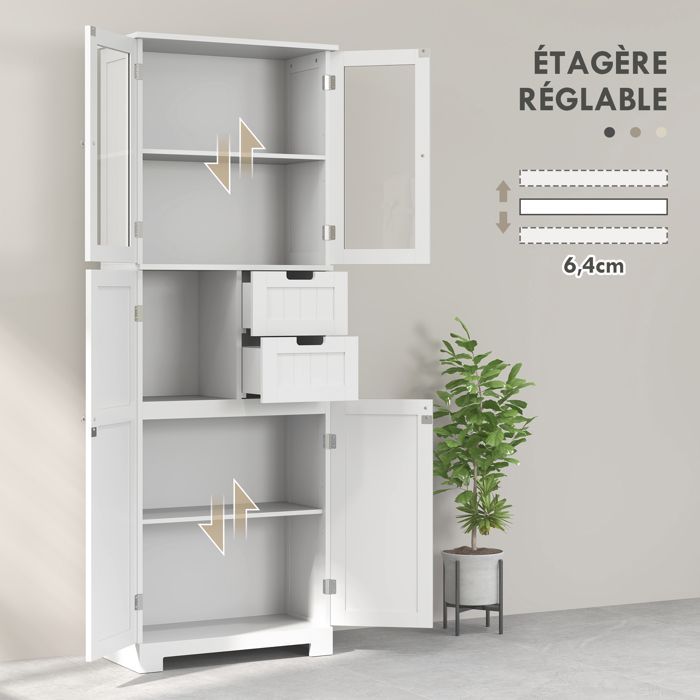 Meuble haut de rangement - HOMCOM - armoire avec portes vitrées et étagères réglables pour salle de bain, cuisine, salon - blanc