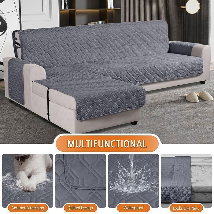 100% Waterproof Reversible Corner Sofa Cover, 200cm Length, Grey, Stain and Scratch Resistant, Secure Fastening