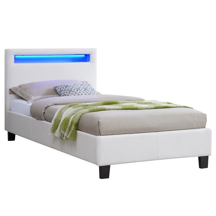 Cama individual LUCENO LED de 90x190 cm con somier de láminas, cabecero confortable y tapicería sintética blanca.