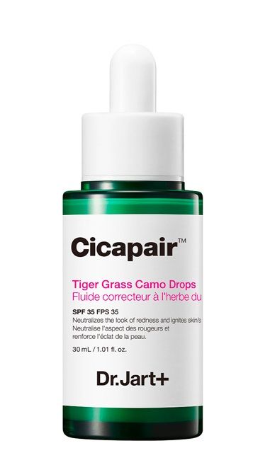 „Cicapair“ tigrinės žolės maskuojamieji lašai su SPF35 apsauga nuo paraudimo. Prabangios tikslinės priemonės.