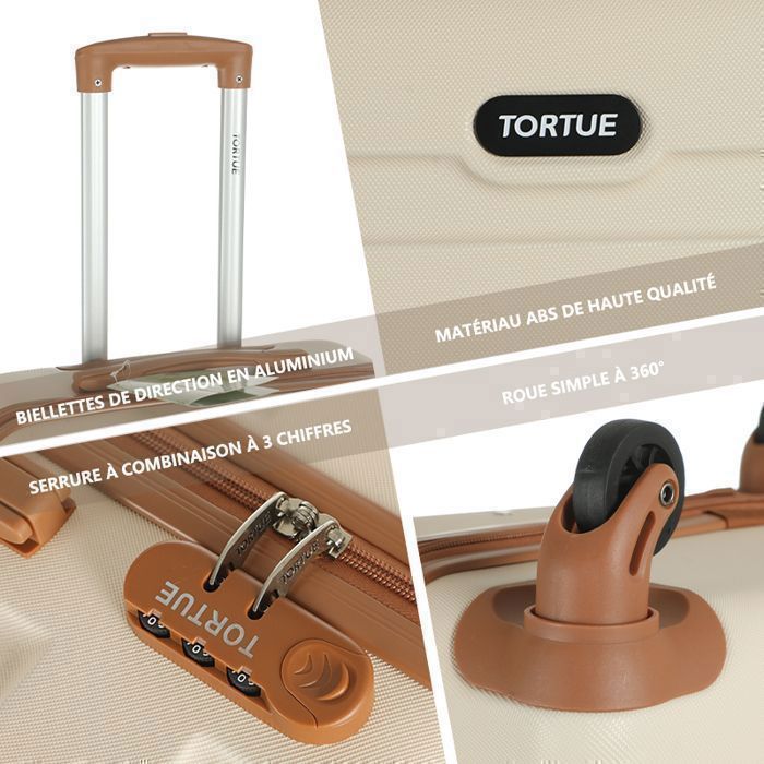 TORTUE Valises - Set de 4 Valises (3 Valises + 1 Vanity -28cm+51cm+60cm+71cm) - 4 roulettes 360° - Cadenas à Combinaison-Crème