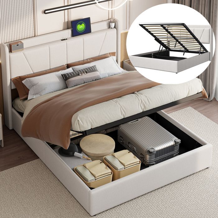 Lit coffre 160x200cm avec ports USB et Type C, lit adulte 160x200 cm avec rangement hydraulique, sommier à lattes, tissu lin, beige