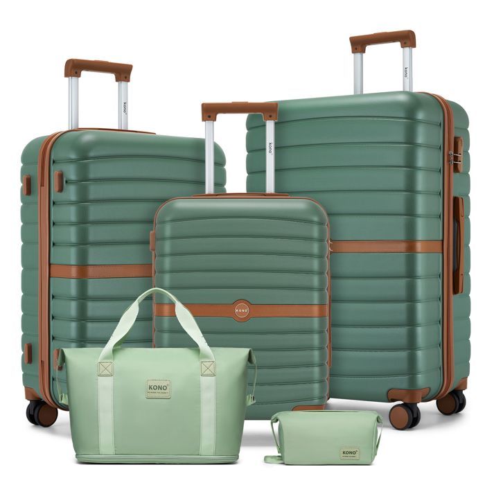 Kono 5-teiliges Reisekoffer-Set (55/66/76 cm) mit 4 Rollen und Schloss + faltbare Reisetasche mit Kosmetiktasche, Grün