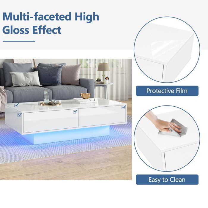 Tavolino moderno con 2 cassetti e illuminazione a LED, complemento d'arredo per soggiorno, 115x55x34 cm, bianco lucido.