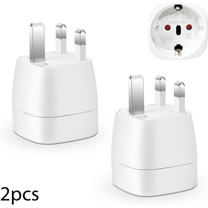 Adaptateur Prise Anglaise, Adaptateur de Voyage France vers UK, Angleterre, Ecosse, Dubaï, Malte, Adaptateur Type G, 2pcs, Blanc