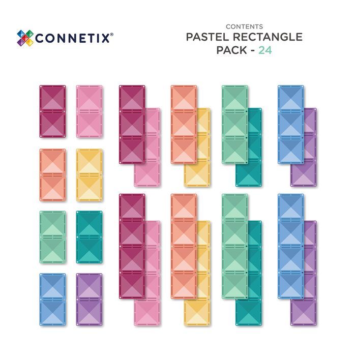 Conjunto de 24 peças retangulares de blocos magnéticos para construção CONNETIX em tons pastel.